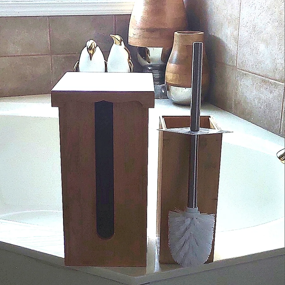 2pc Wooden Toilet Paper Holder w Lid